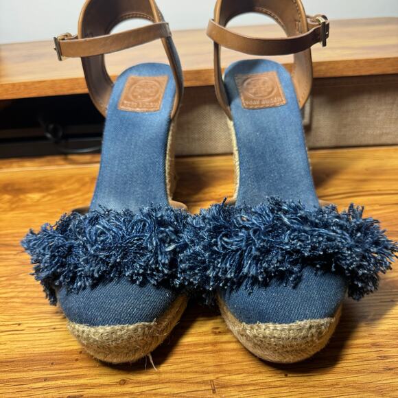 Tory Burch Women's 8 Shaw Blue Denim Royal Tan Espadrille Wedge Sandals N3874 - Picture 5 of 9